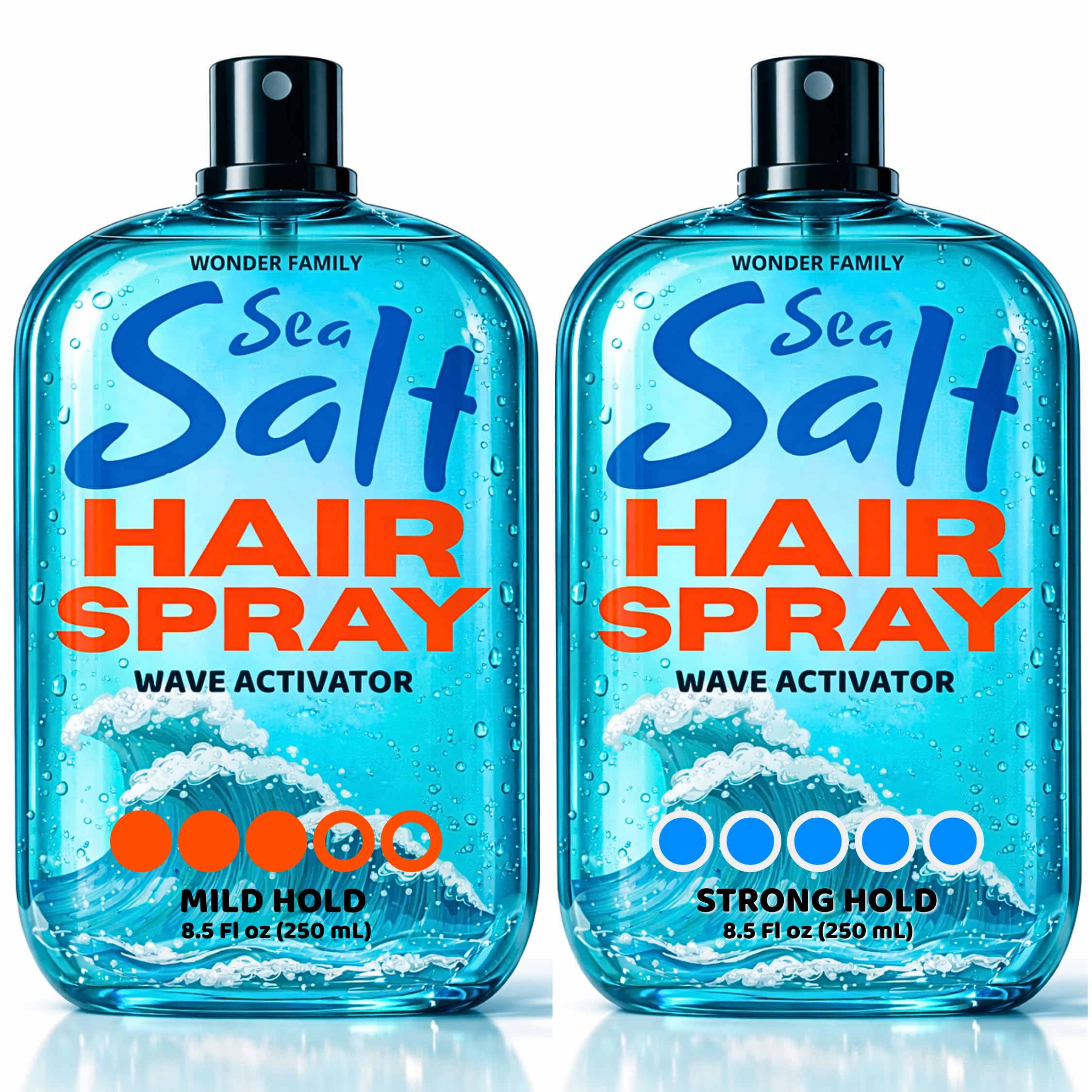 Wonder Family sea salt spray bottle for easy beach waves and texture.