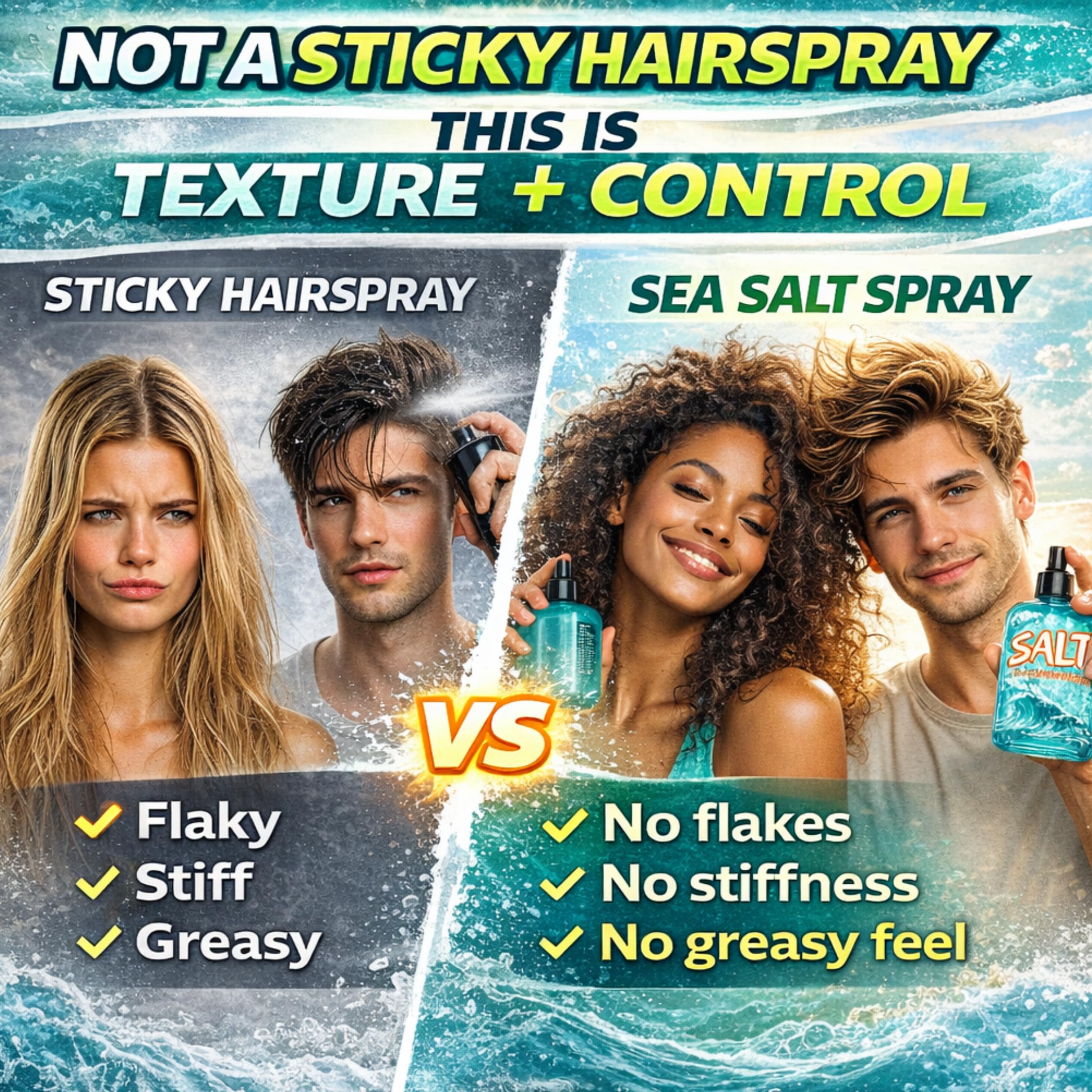Wonder Family sea salt spray applied on hair for light hold and movement.