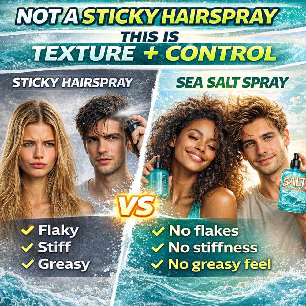 Wonder Family sea salt spray applied on hair for light hold and movement.