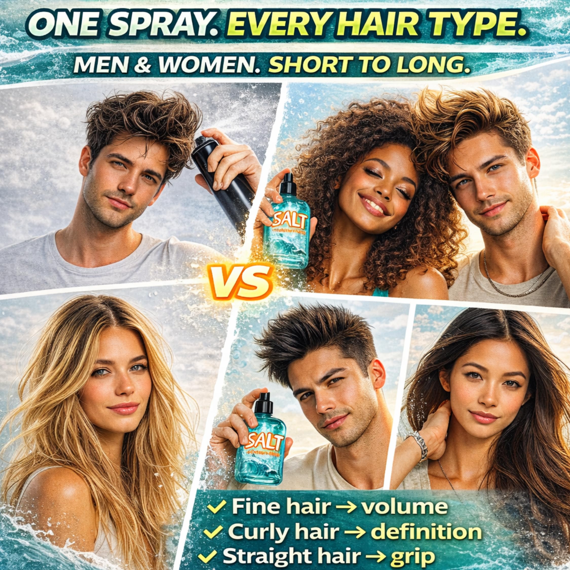 Wonder Family sea salt spray used as pre-styling grip before blow-dry.