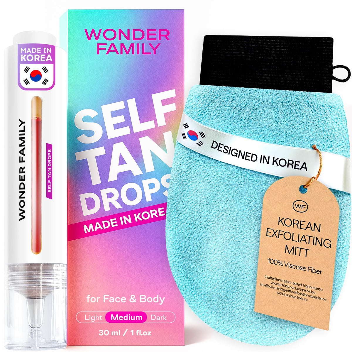 Wonder Family self-tanning drops kit bottle and mitt for even color