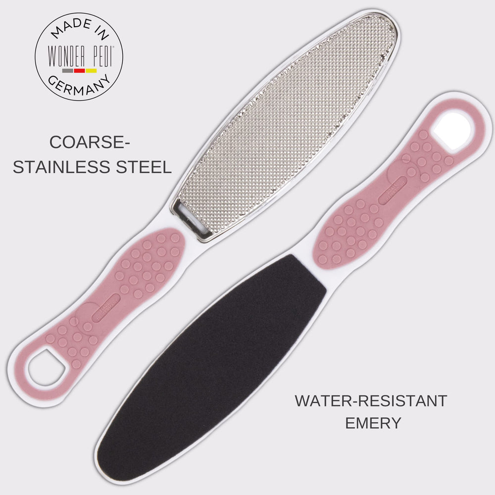 Wonder Pedi hypoallergenic foot scraper minimizes irritation while exfoliating.