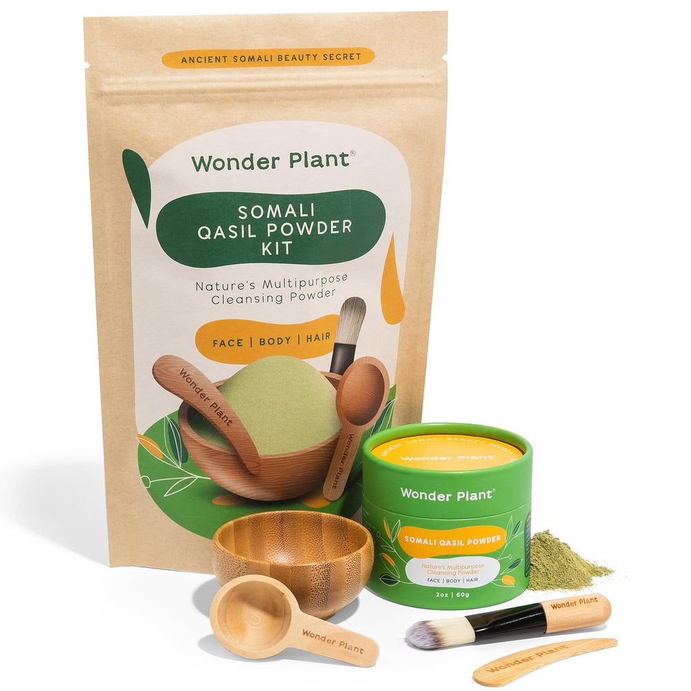Wonder Plant Somali Qasil Powder Kit with tools for nourishing skin, hair, and body routines.
