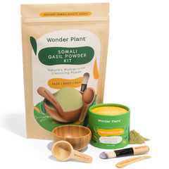 Wonder Plant Somali Qasil Powder Kit with tools for nourishing skin, hair, and body routines.