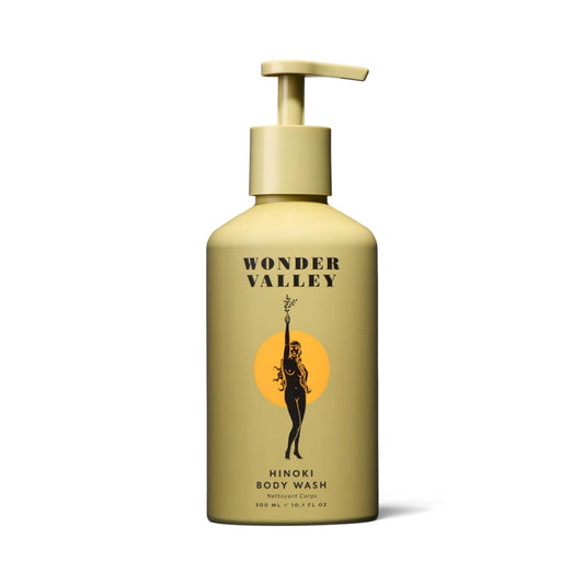 Wonder Valley Hinoki Body Wash bottle on shelf for daily cleansing.