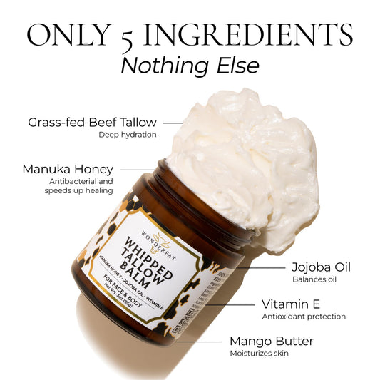 Wonderfat tallow balm on lips with Manuka honey for soothing moisture