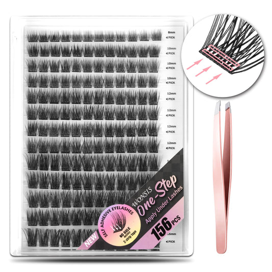 WONSIS self-adhesive eyelashes bundle with 156 clusters for versatile looks.