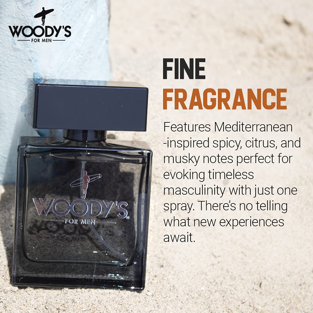 Close-up of Woody's bottle highlighting cedarwood notes and lasting impression.