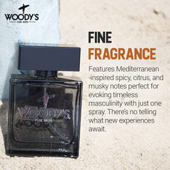 Close-up of Woody's bottle highlighting cedarwood notes and lasting impression.