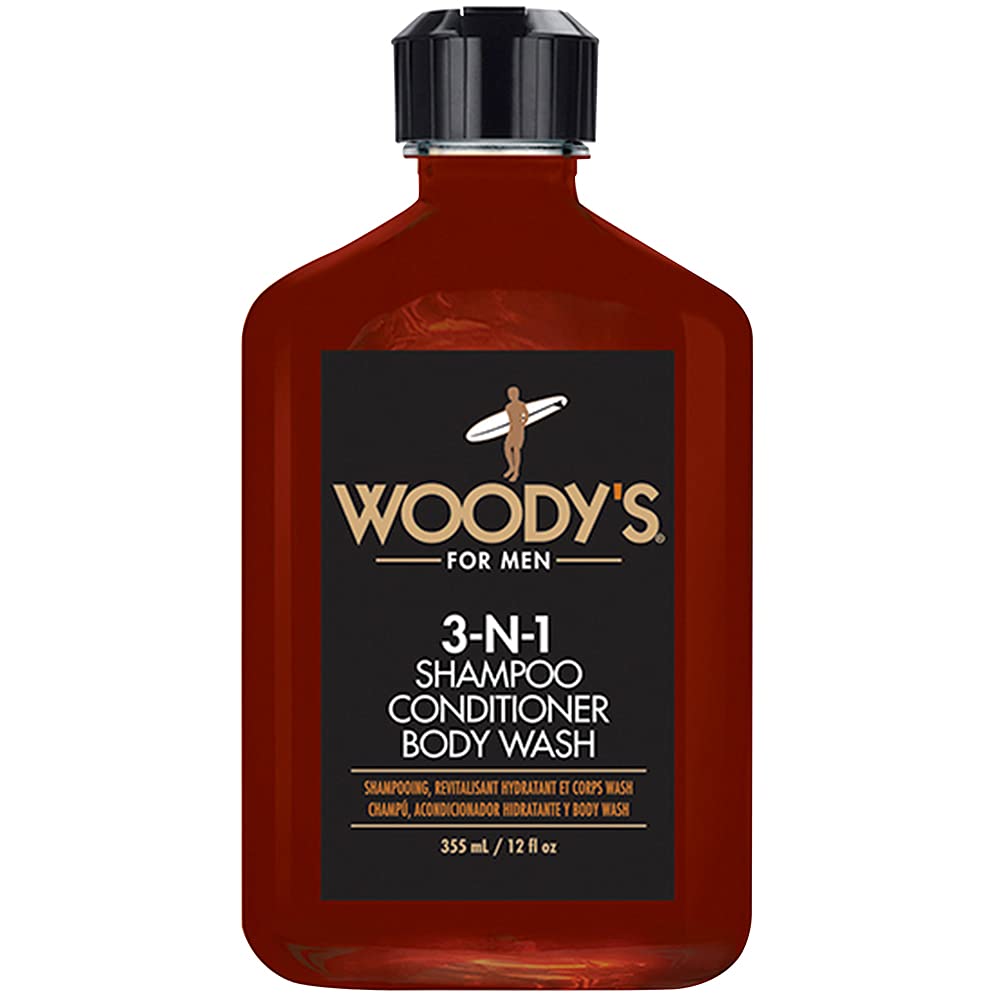 Woody's 3-in-1 bottle for daily hair, skin, and body cleansing