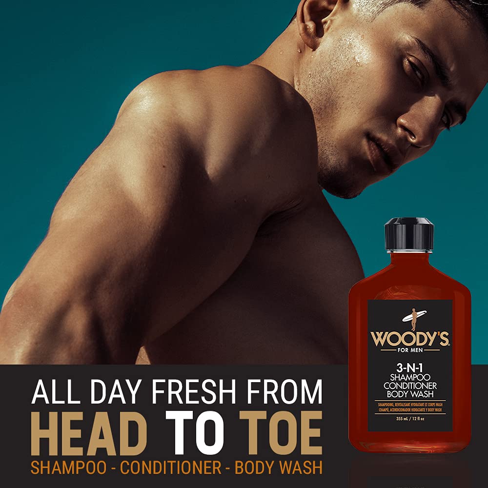 Woody's daily-use bottle provides gentle cleansing for hair and skin
