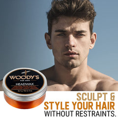 Woody's Headwax formula grips frizz with a moldable, non-stiff texture.