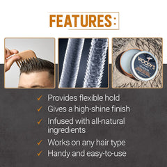 Woody's Headwax showcases a moldable texture for versatile styling.