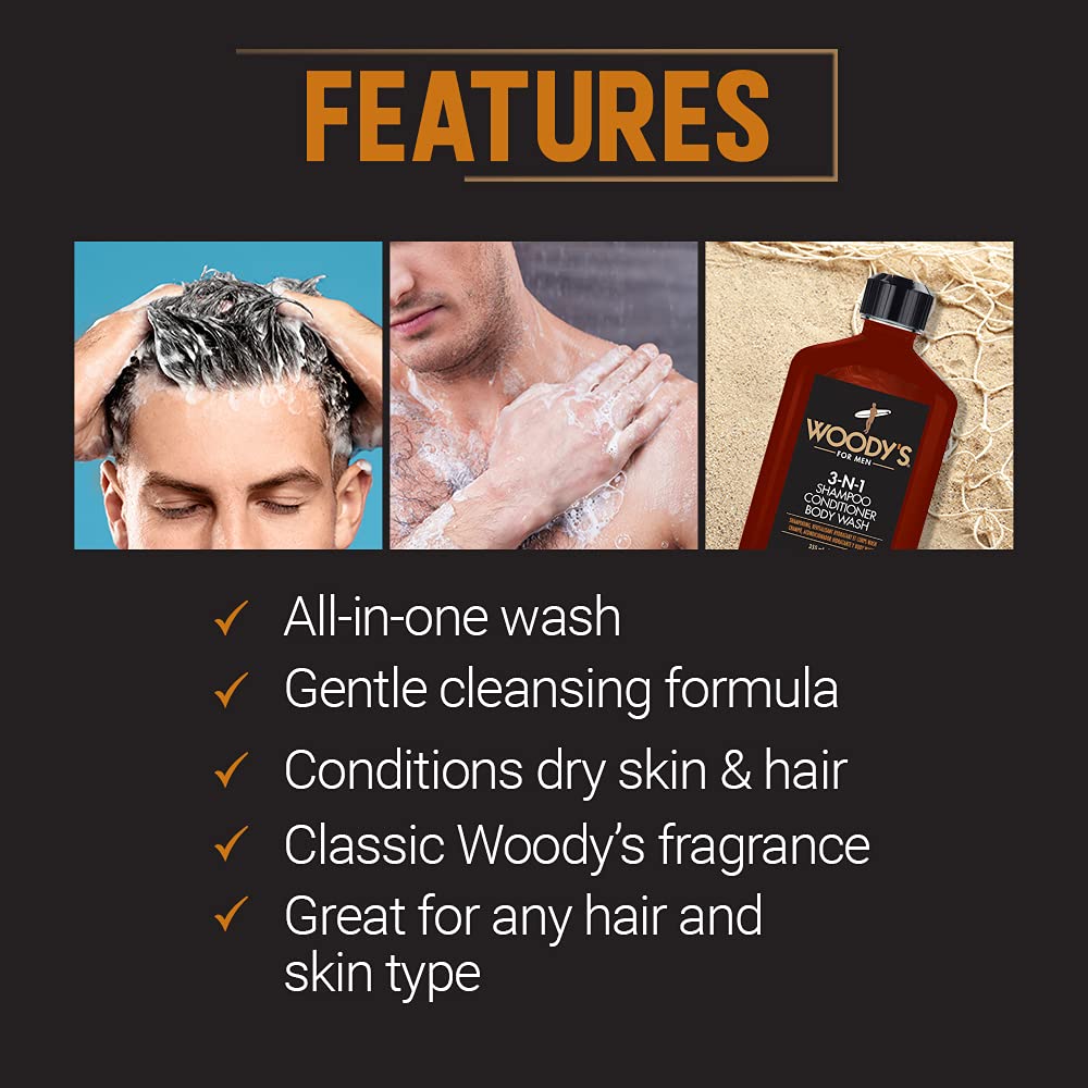 Woody's hydrating formulation bottle helps refresh and moisturize during showers