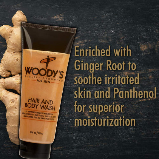Woodys rich-lather foam provides luxurious cleanse for hair and skin