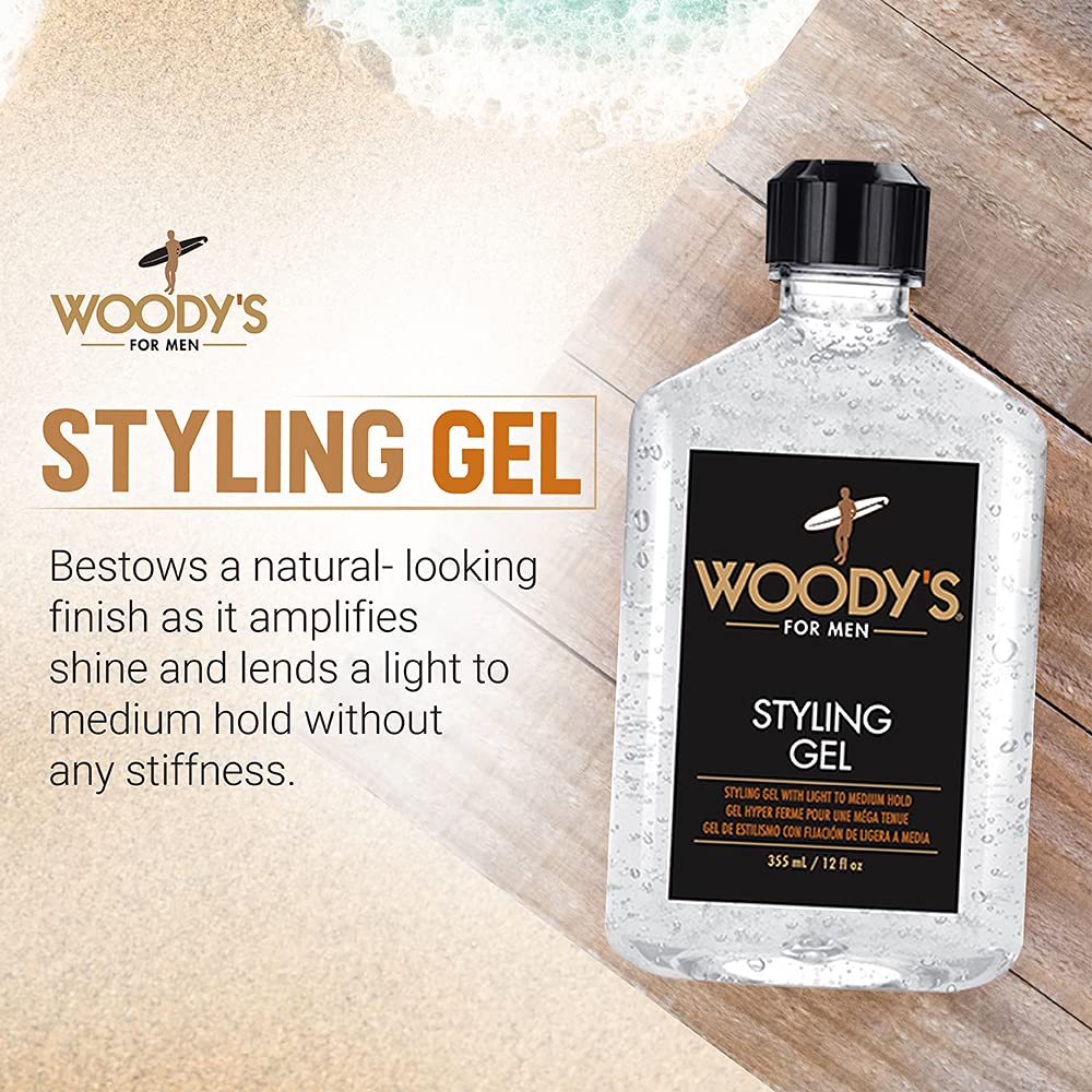 Woodys Styling Gel dispensing action highlights easy squeeze for quick styling sessions.