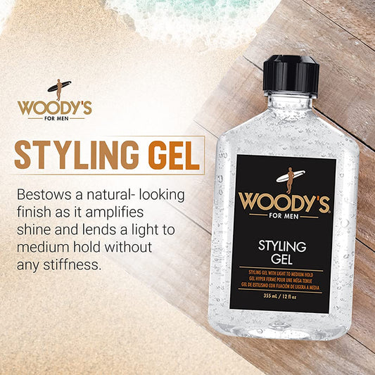 Woodys Styling Gel dispensing action highlights easy squeeze for quick styling sessions.