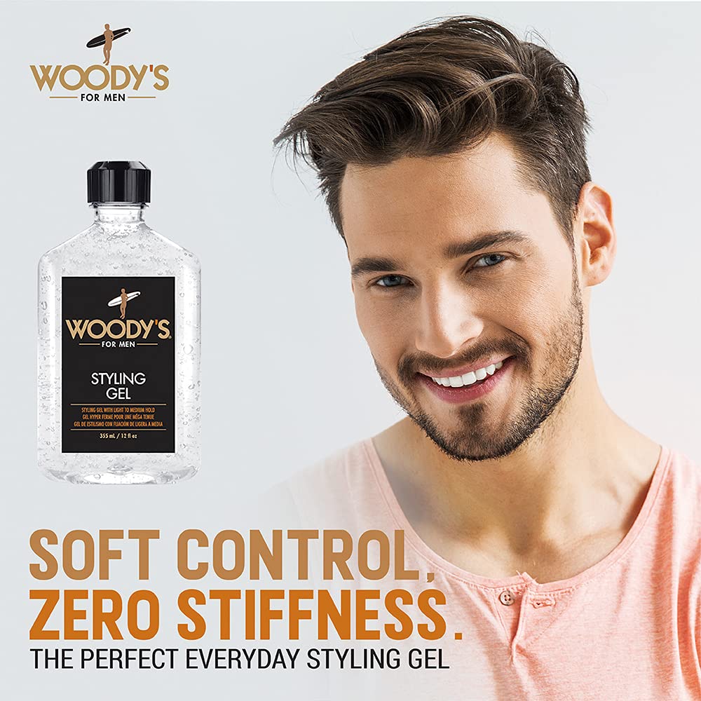 Woody's Styling Gel hair application demonstrates smooth texture for versatile looks.