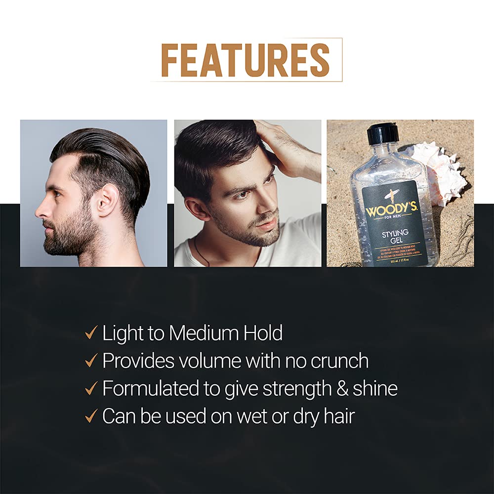 Woodys Styling Gel light to medium hold offers flexible, natural-looking lift.