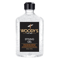 Woody's Styling Gel bottle front showing alcohol-free formula for daily styling.