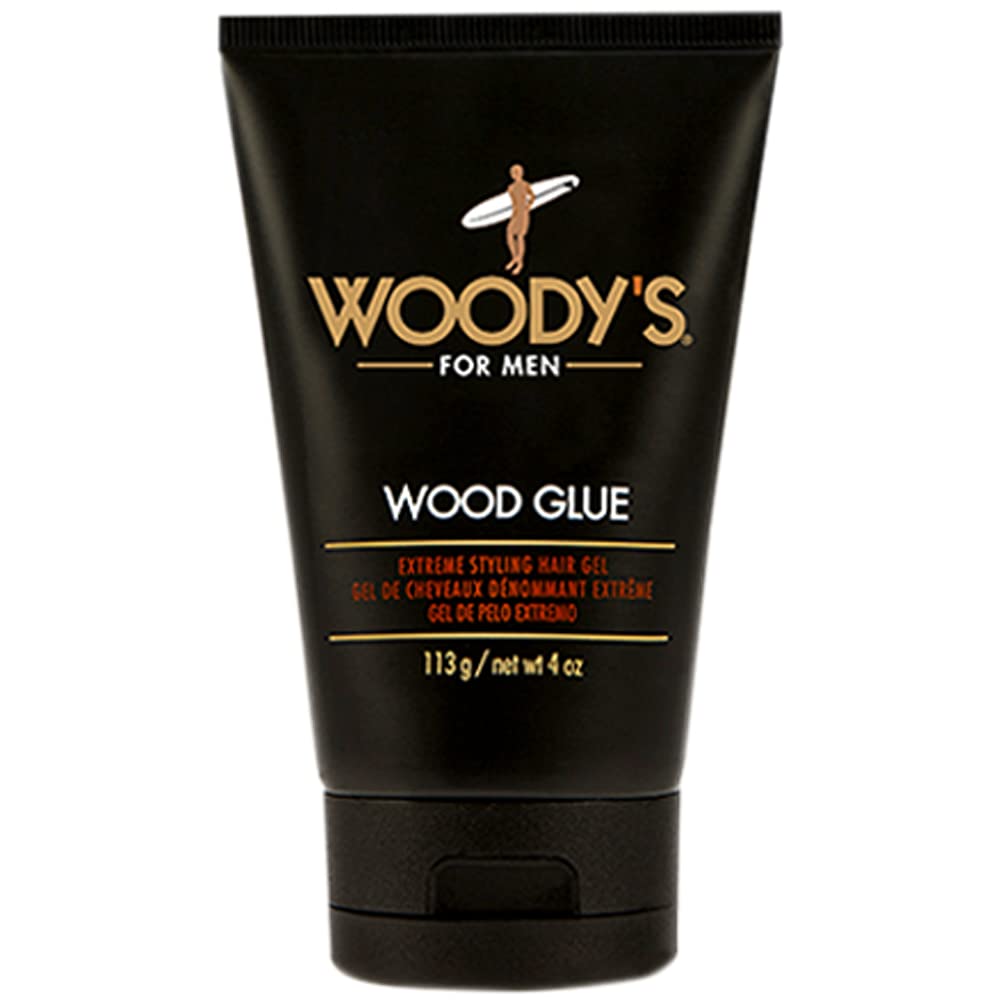 Woody's Wood Glue Extreme Styling Gel bottle for strong, long-lasting hold without flakes.