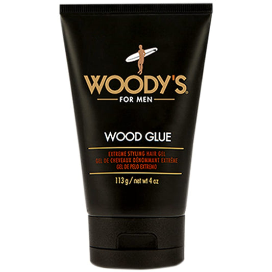 Woody's Wood Glue Extreme Styling Gel bottle for strong, long-lasting hold without flakes.