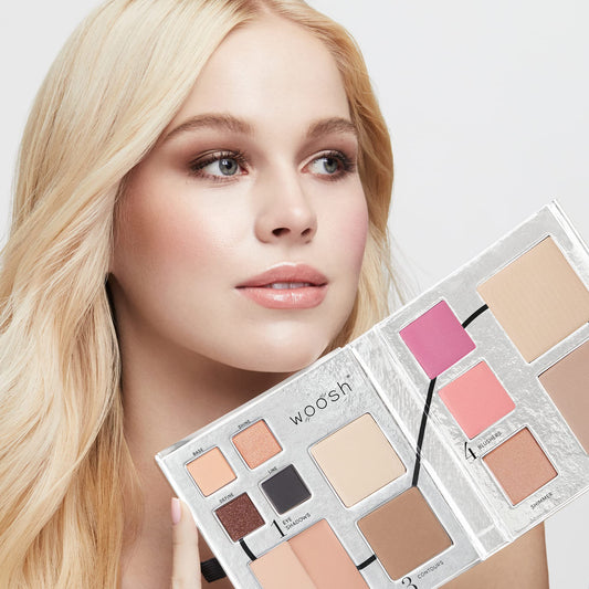 Woosh Fold Out Face Palette open with swatches, versatile cream and powder shades.