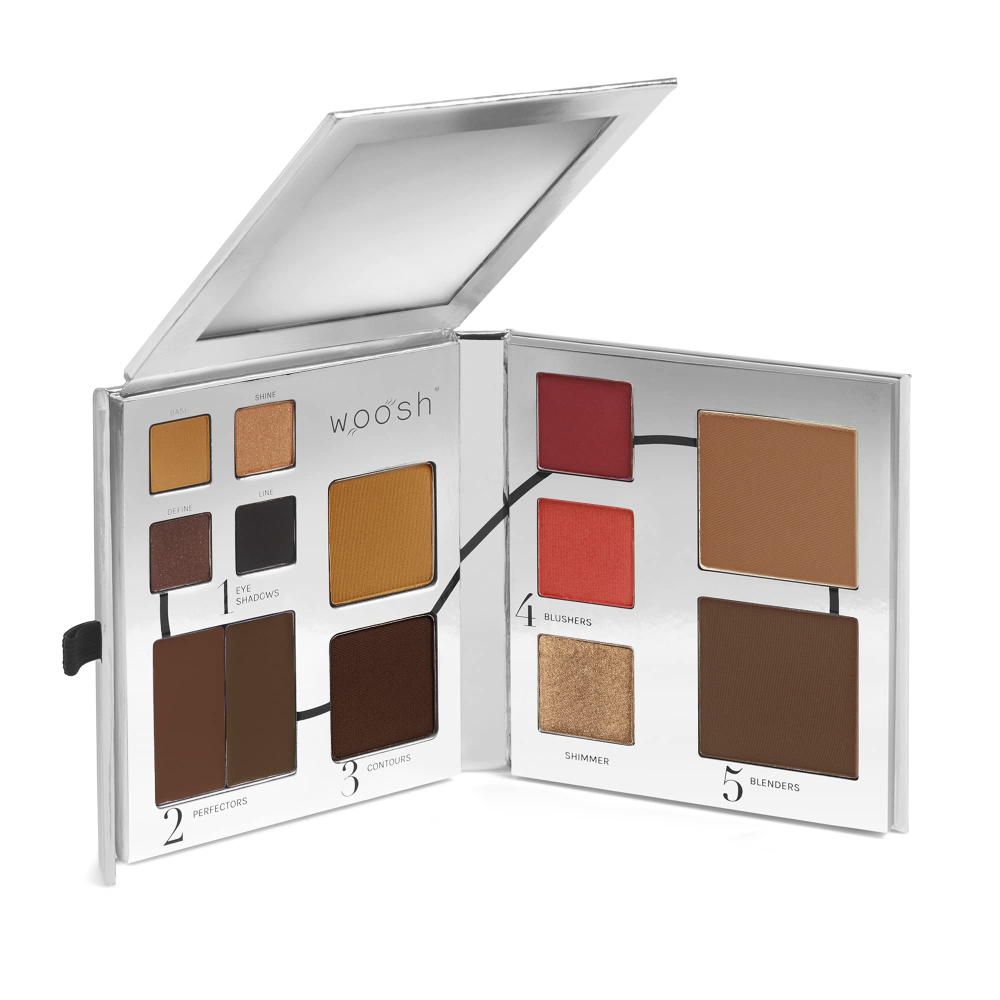 Woosh Fold Out Face Palette open with five-step guide for quick makeup
