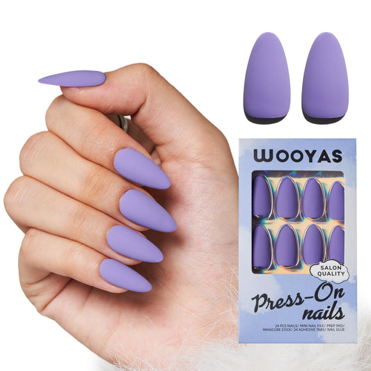 WOOYAS Almond press-on purple nails with matte finish for quick at-home manicure.