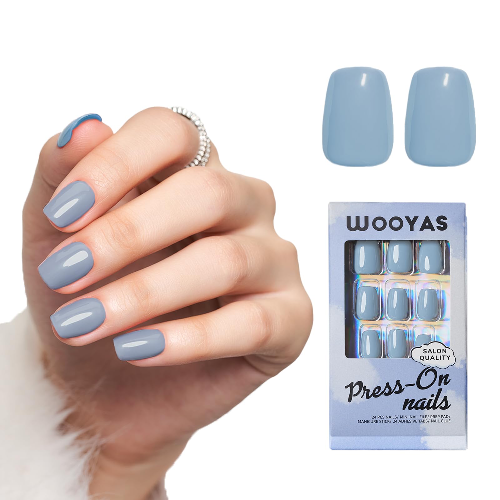WOOYAS Haze Blue press-on nails with glossy finish for salon-like results at home