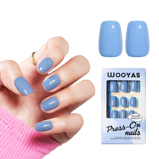 Wooyas navy blue short square nails with glossy gel finish for instant salon-worthy glam