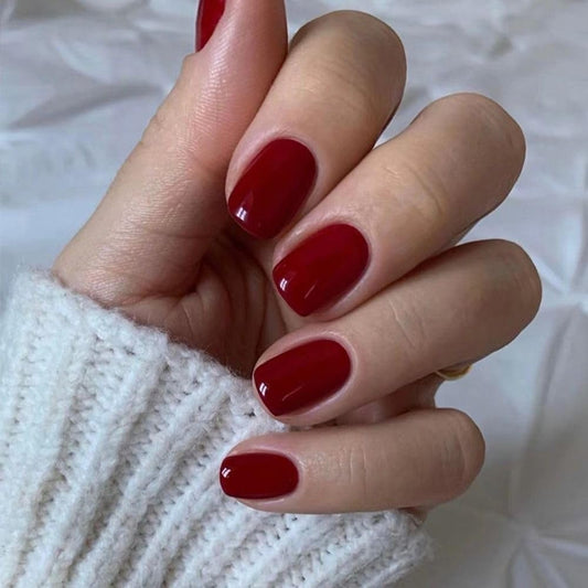 Wooyas short red square press-on nails with glossy gel finish for salon shine.