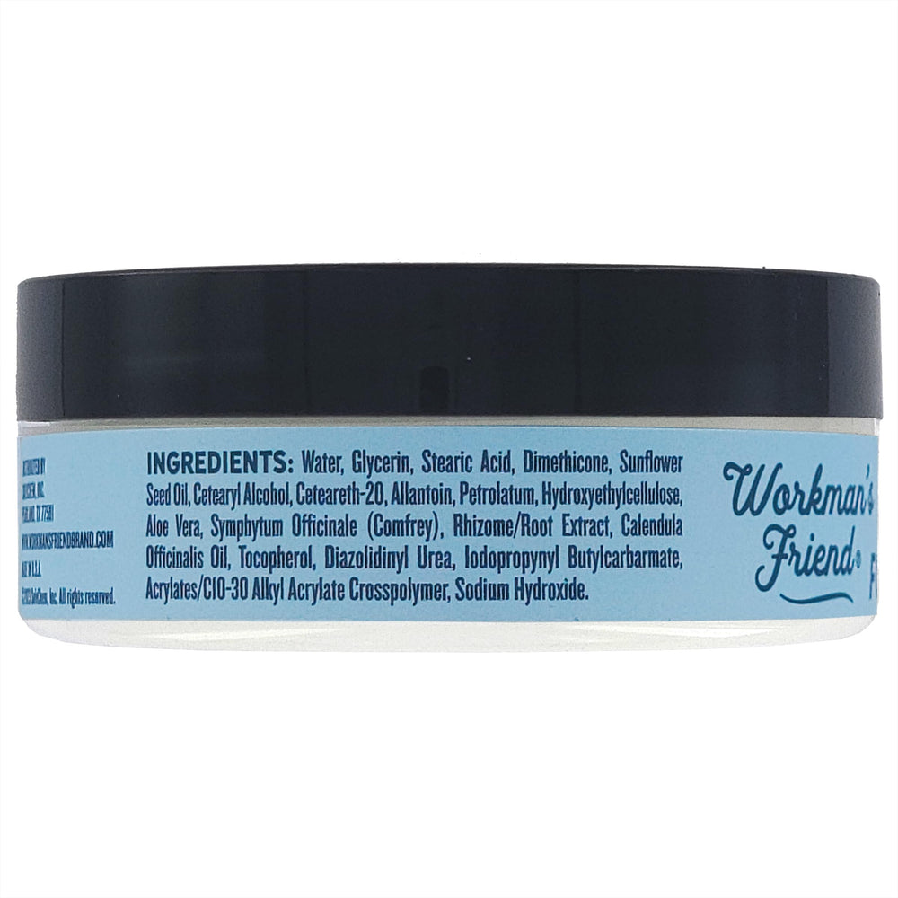 Label of WORKMAN'S FRIEND fragrance-free foot cream highlighting USA-made ingredients.