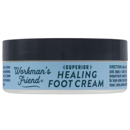 Close-up of WORKMAN'S FRIEND foot cream texture showing thick, hydrating formula.