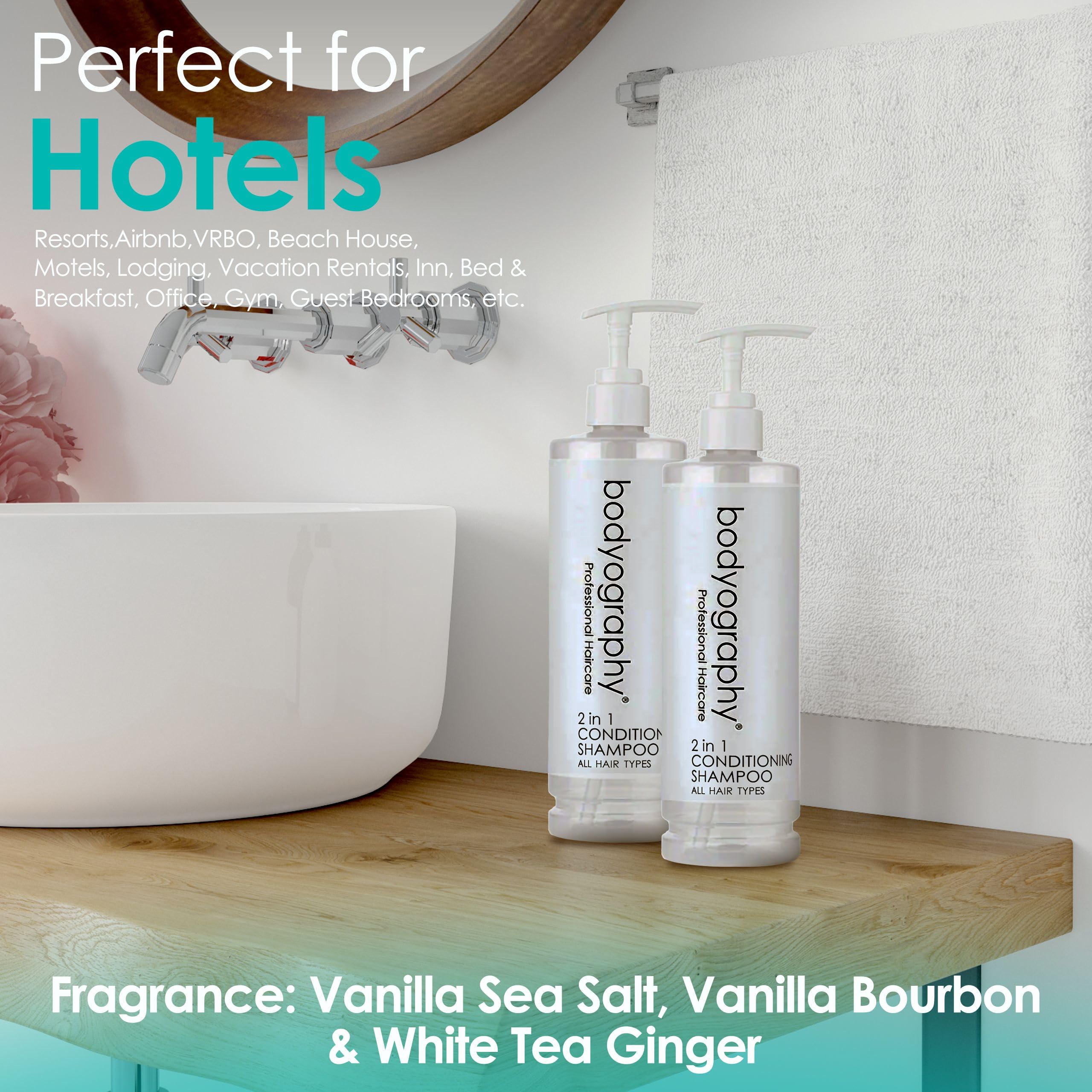 World Amenities Bodyography Blanc bottle with shampoo foam shows quick, all-in-one hair care
