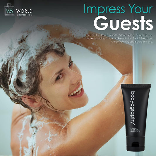 World Amenities Bodyography Lotion bottle being applied for smooth, hydrated skin