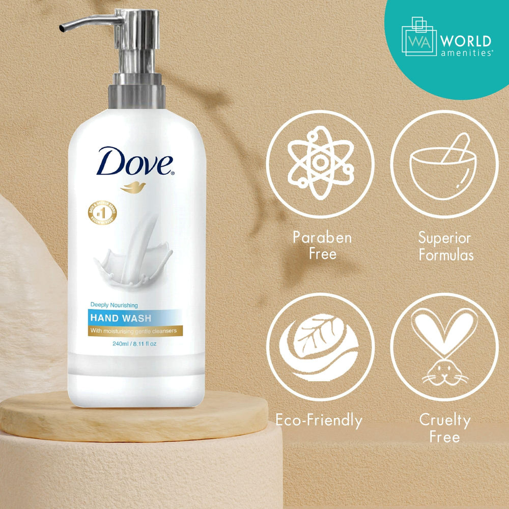 World Amenities Dove Hand Wash foaming lather provides gentle cleansing.