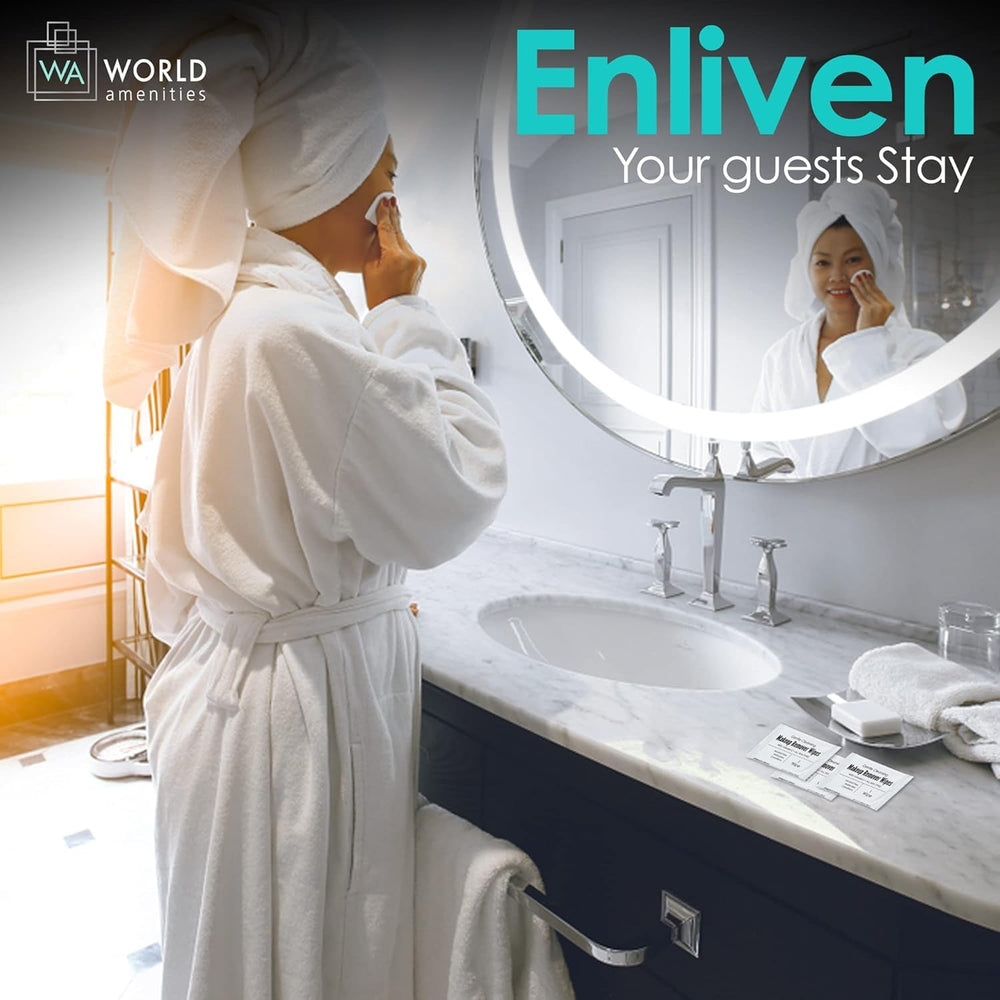 World Amenities travel-size, alcohol-free wipes for on-the-go cleansing.