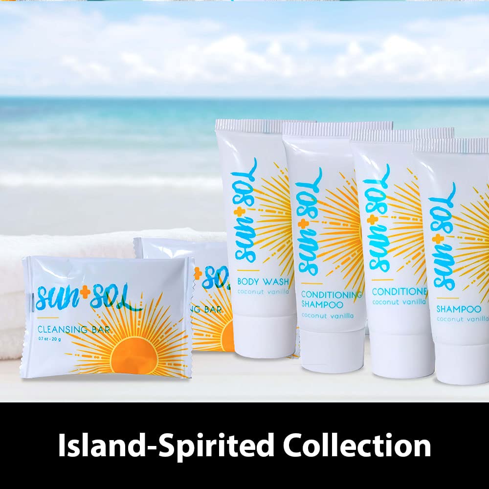 Coconut and vanilla Sun + Sol fragrance highlights in a guest bathroom.