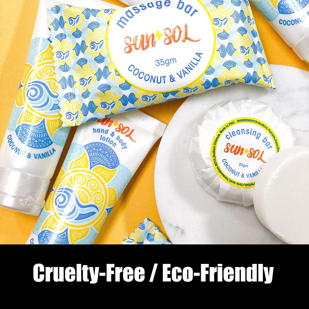 Recyclable, cruelty-free Sun + Sol packaging supports sustainable hospitality.