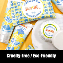 Recyclable, cruelty-free Sun + Sol packaging supports sustainable hospitality.