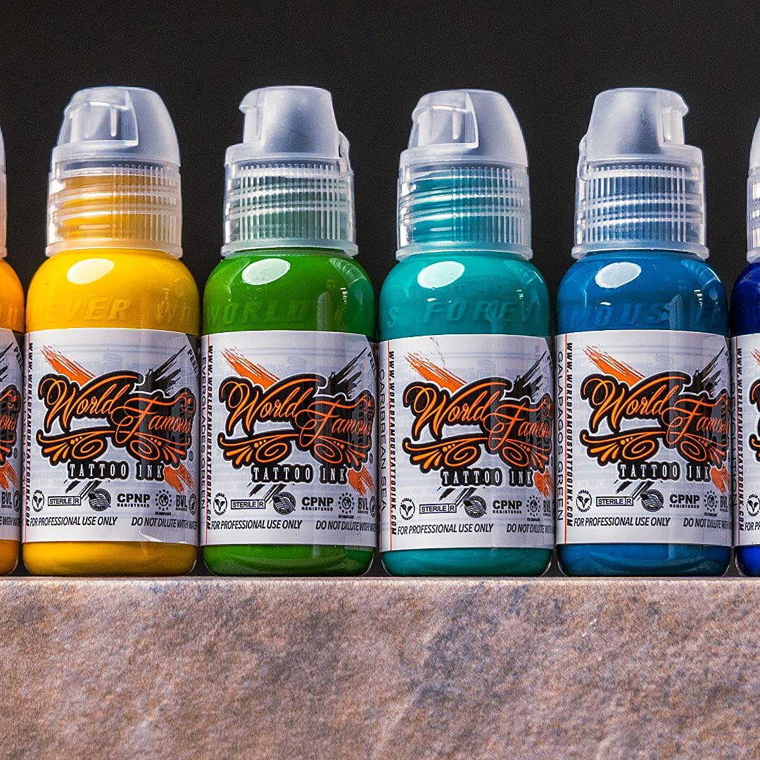 World Famous Tattoo Ink 12 Primary Color Kit3 authenticity labels on ink bottles