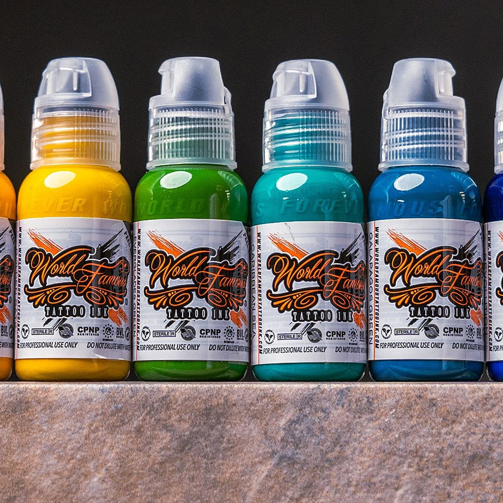 World Famous Tattoo Ink 12 Primary Color Kit3 authenticity labels on ink bottles