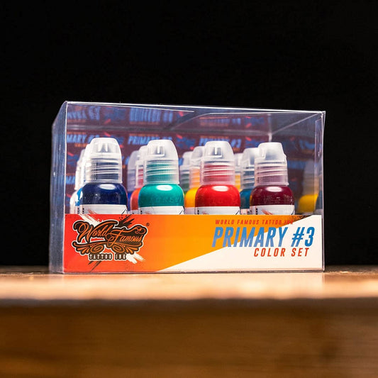 World Famous Tattoo Ink 12 Primary Color Kit3 color bottles arranged for vibrant tattoos
