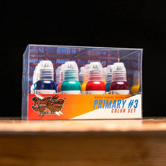 World Famous Tattoo Ink 12 Primary Color Kit3 color bottles arranged for vibrant tattoos