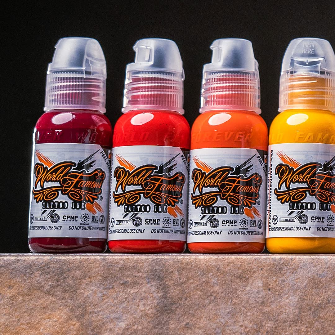 World Famous Tattoo Ink 12 Primary Color Kit3 white ink bottle highlighting pigment versatility