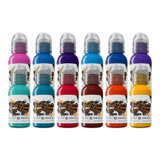 World Famous Tattoo Ink 12 Primary Kit 2 bottle spread shows vibrant color options.