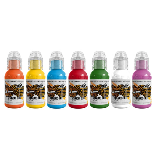 World Famous Tattoo Ink 7-color set bottles show versatile midtones for shading and florals