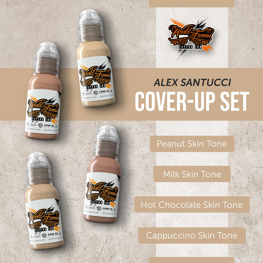 World Famous Tattoo Ink cover-up skin tones shown in compact bottle set.