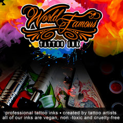 World Famous Tattoo Ink grey wash label closeup communicates quality and care.